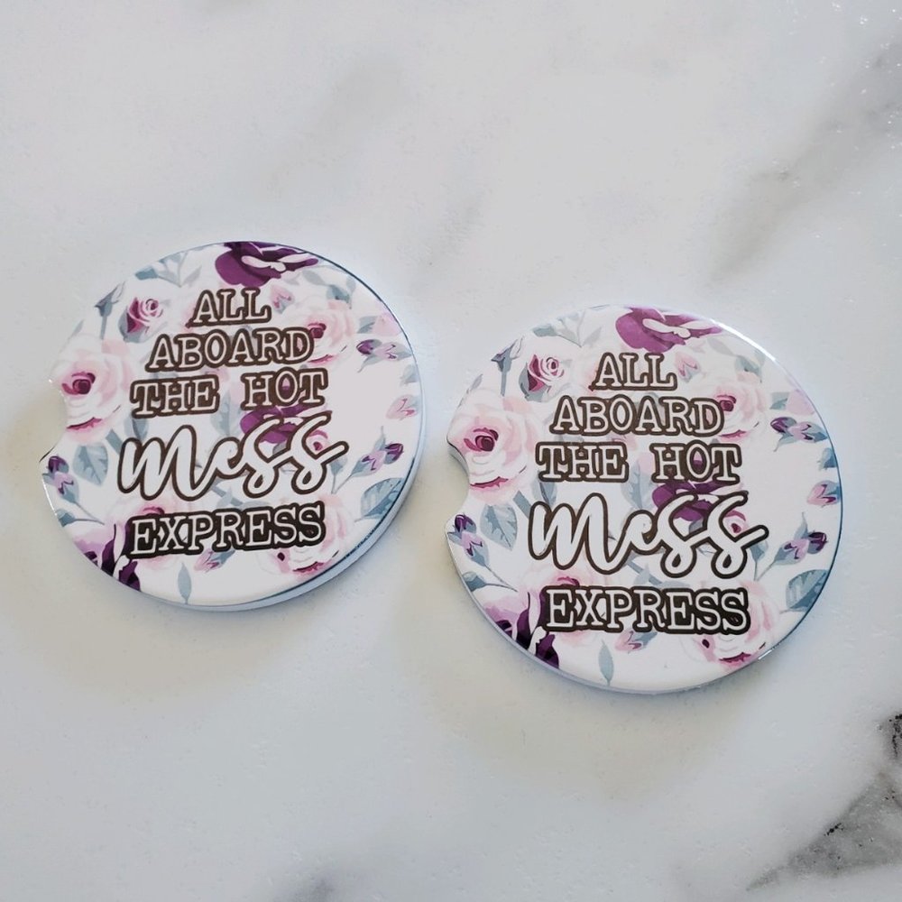 Set Of 2 Ceramic Car Coasters Funny Hot Mess
